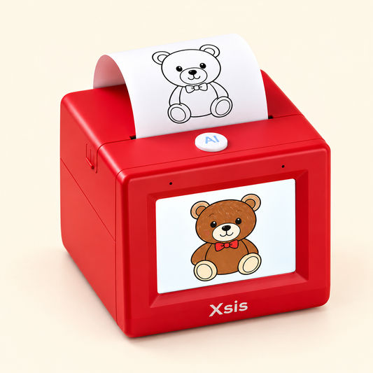 Red Xsis AI sticker printer with a black-and-white bear print.